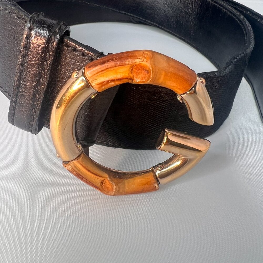 GUCCI Belt Canvas and Leather Bamboo G Buckle 37 inches black - Picture 5 of 7